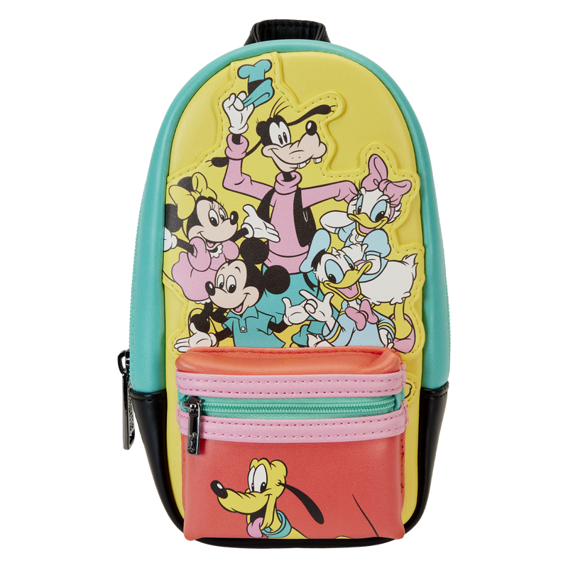 Image of our color blocked Disney100 Mini Backpack Pencil Case featuring Mickey, Minnie, Goofy, Donald, Daisy, and Pluto